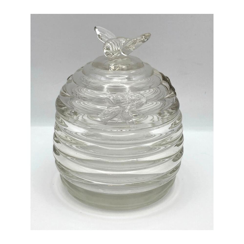 Vintage 1970's Beehive Clear Glass Honey Pot/ Candy Jar with Lid - Over 1lb